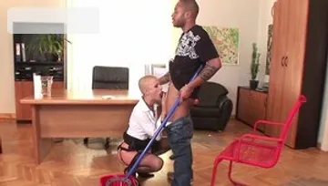 Close up cumshot accompanied by shaved pornstar